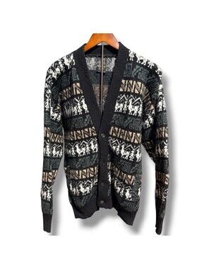 Vintage Tejidos Ruminahui Wool Cardigan XL Llama Ecuador Aztec Sweater Black